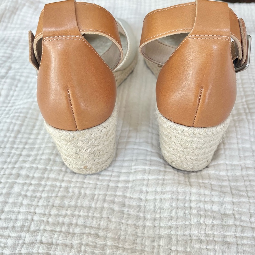Donald J. Pliner Tan Leather and Cream Canvas Wedge Sandals - Picture 6 of 9